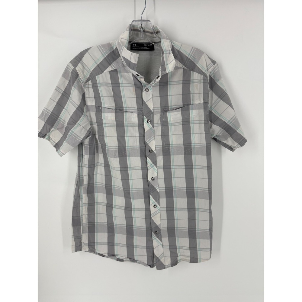 Under Armour Men's M Fitted Plaid Snap Button Shirt Gray Outdoor Fishing
